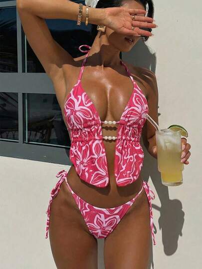 Swim Vcay 粉色碎花荷叶边抽绳珍珠系带休闲度假女士吊带泳衣两件套，春夏款