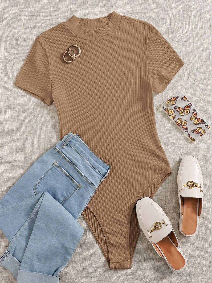 SHEIN Essnce Mock-neck Rib-knit Bodysuit - Mocha Brown - View 1