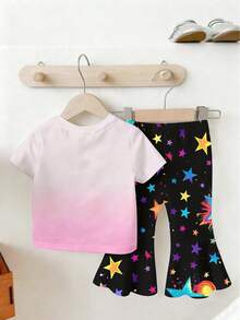 2pcs/Set Girls K-Pop Girl Group Graphic Print Round Neck Short Sleeve T-Shirt Top And Colorful Star Flare Pants Set, Casual Daily Outfit For Baby/Toddler Girls, Spring/Summer Baby Girl Streetwear Baby Girl Outfit Baby Girl Birthday Clothes Baby Girl Clothes Skirt Baby Girl Clothes Set - Multicolor - View 2
