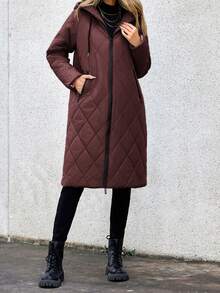 Aveloria Modichic Women's Solid Color Long Sleeve Zip Front Drawstring Hooded Casual Winter Jacket - Coffee Brown - View 4