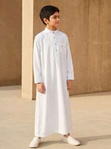 SHEIN Kids Tween Boy Ramadan Jalabiya, Traditional Arab Clothing, Robe, Eid Dress, Casual Comfortable Color Block Round Neck Half-Zip Pullover Long Sleeve Shirt, Suitable For Spring/Summer, Outings, Valentine's Day, Dates, Travel, Vacation, Family Gatherings, Back To School, Wedding Season, Formal Dinners, Birthday Parties - White - View 1
