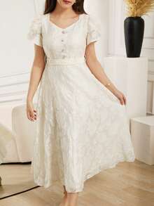 Kleid mit gewebten Ausschnitten und Perlknöpfen, elegant & modisch, geeignet für Ausflüge, Partys, Frühling/Sommer/Herbst - Beige - View 5