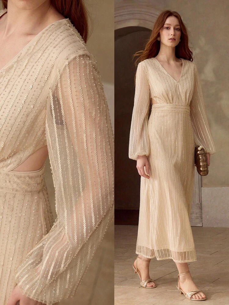 WOMEN'S SEQUINS MESH OVERLAY V-NECK LANTERN SLEEVE SEMI-SHEER DRESS, SUITABLE FOR DATES AND PARTIES