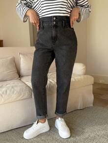 SHEIN Quần jeans bầu màu trơn, cạp hai lớp, có túi, kiểu dáng thường ngày, đa năng, thích hợp cho mùa xuân, Giáng sinh, Năm mới, Lễ Tạ ơn, đi làm, nghỉ mát, tốt nghiệp, phong cách Y2K, dễ thương, thời trang đường phố, dự tiệc, đám cưới, thanh lịch, công sở, thường ngày. - màu đen - Xem 3