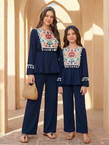 2pcs/Set Teen GirlCasual Loose Geometric Print Long Sleeve Top With Tassel Trim + Elastic Waist Wide Leg Pants Set, Spring/Summer