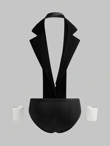 SHEIN DrisQ Men's Contrast Color Halter Sexy Costume (Jumpsuit, 2 Gloves, Apron) - Black - View 2