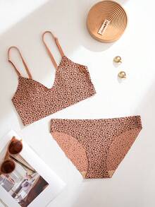 2pcs Leopard Print Seamless Underwear Set, Casual Series