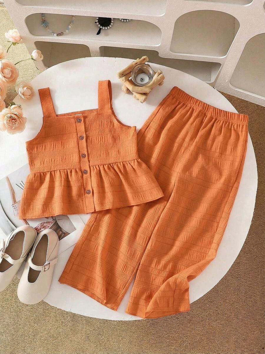 SHEIN Genkimix Kids 2件套 女童休闲橙色纹理面料吊带背心和阔腿裤套装