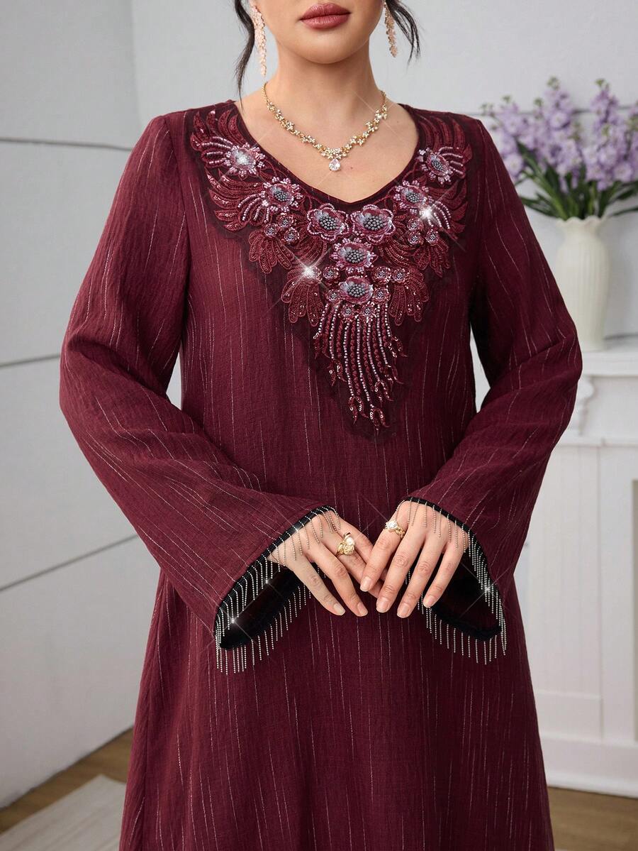 SHEIN Najma V-Neck Sequin Floral Chain Tassel Accent Burgundy Dress - Burgundy - View 1