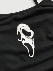 ROMWE Goth Dark Skeleton Print Fitted Camisole Top Paired With Skeleton All-Over Print Flare Pants - Black - View 3