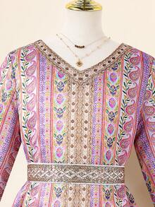 SHEIN Ramadan Abaya Traditional Arab Clothing, Elegant Robe, Suitable For Gatherings And Parties, Floral Print With Gold Trim, Suitable For All Seasons - Black - View 6