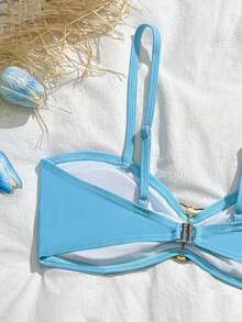 SHEIN Tween Girls Bikini Sets Fashionable Blue + Mesh Knitted Fabric Strapless Top, Shoulder Strap + Mesh Skirt, Three-Piece Set, Separate Strapless Shoulder Strap Metal + Triangle Pants + Mesh Skirt, Fashionable, Casual, Exquisite, Elegant And Ladylike, Suitable For Swimming, Suitable For Summer Vacation, Summer Beach, Seaside Pool, Swimming Pool, Summer Party, Leisure Vacation Three Piece Swimsuit Set Blue Bikini Set Blue Two Piece Set Blue Swimsuit For Tween Girls Beachwear For Tweens Two Piece Set 3pcs Set Bikini With Sarong Skirt Tied Waist - Multicolor - View 4