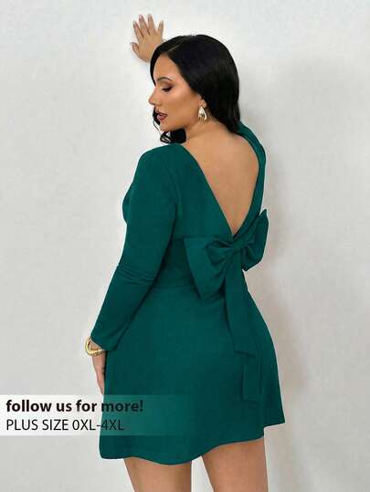 Firerie Vestido largo de manga larga con espalda descubierta y unicolor elegante, talla grande, otoño