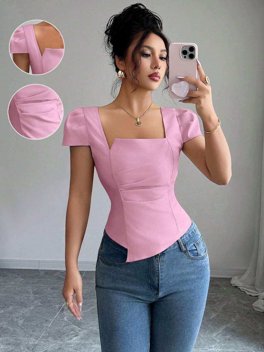 Elenzga Elegant Summer Vacation Shirts For Ladies - Pink - View 1