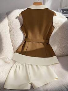 Elenzga 大码女式极简通勤背心短裤两件套，春夏款