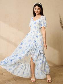 Vestido formal de gasa floral azul para adolescentes - Vestido maxi con cuello cuadrado, mangas abullonadas, abertura alta y volantes (Vestido de noche elegante para adolescentes) - Azul - Ver 5