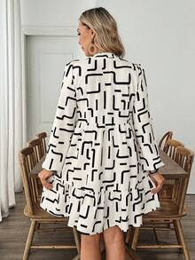 Louniche Women's Long Sleeve Short Dress, Small V-Neck Bowknot Design, Patchwork Geometric Print Babydoll Dress, Casual Loose Fit For Spring Summer, Fashionable For Work, Casual, Party - Black and White - View 2