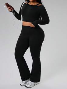 Gameset SHEIN Sport Damen Große Größen nahtloses Camisole Langarm Top und weite Hose Set - Schwarz - Übersicht 7