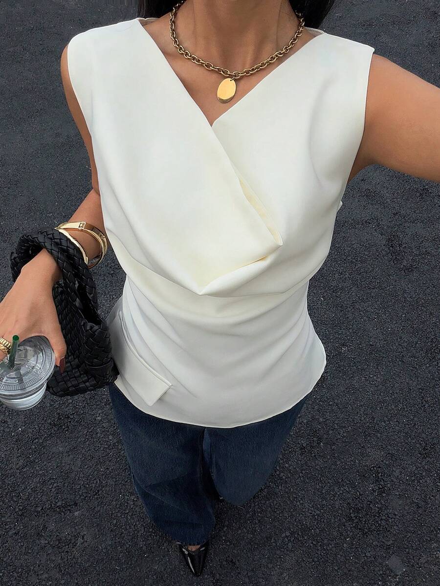 Siren Gaze 女士纯色简约新款翻领无袖衬衫 - 杏色 - 查看 1