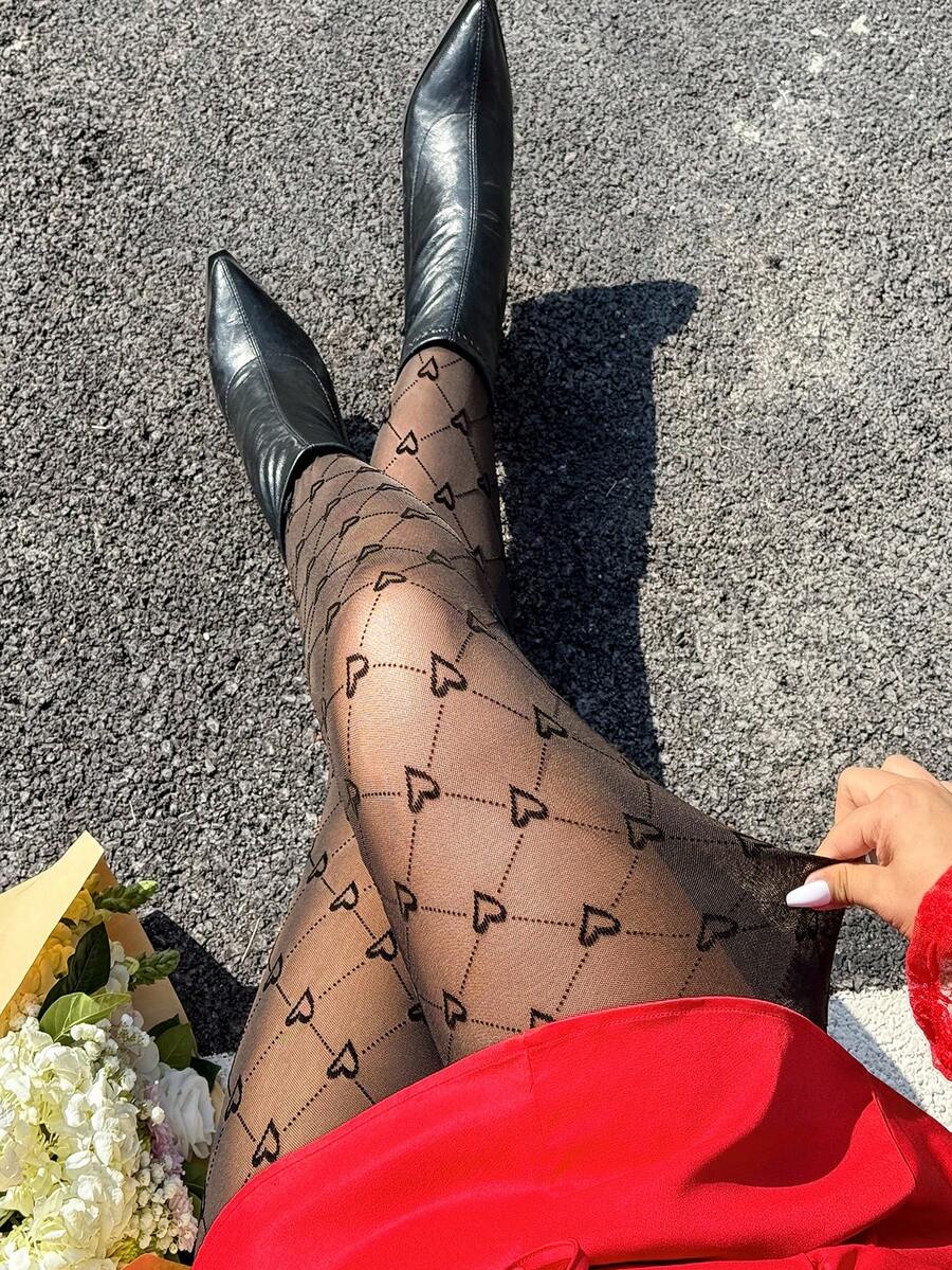 GalTyme Quần legging lưới xuyên thấu gợi cảm, co giãn, cỡ lớn, in hình trái tim, thích hợp cho ngày Valentine. - màu đen - Xem 1