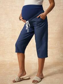 Boho Mama Quần bầu dáng rộng, màu trơn, cạp chun điều chỉnh được, có túi xéo. - Màu xanh lam - Xem 4