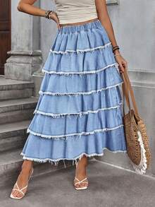 Breezaya Chân váy denim ngắn nữ thời trang thường ngày, kiểu dáng xếp ly, rách gấu. - Màu xanh lam - Xem 5