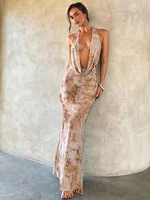 Vestido de gasa bohemio con estampado de tie-dye y bajo de cola de sirena para mujer, elegante vestido maxi con espalda descubierta y cuello profundamente drapeado, perfecto para vaca - Caqui - Ver 3