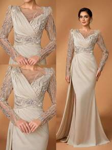 Serin Váy đuôi cá tay dài thanh lịch, đính cườm và sequin, họa tiết hoa, xẻ tà bên hông, phù hợp làm váy dạ hội cho mẹ cô dâu - Rượu sâm banh - Xem 1