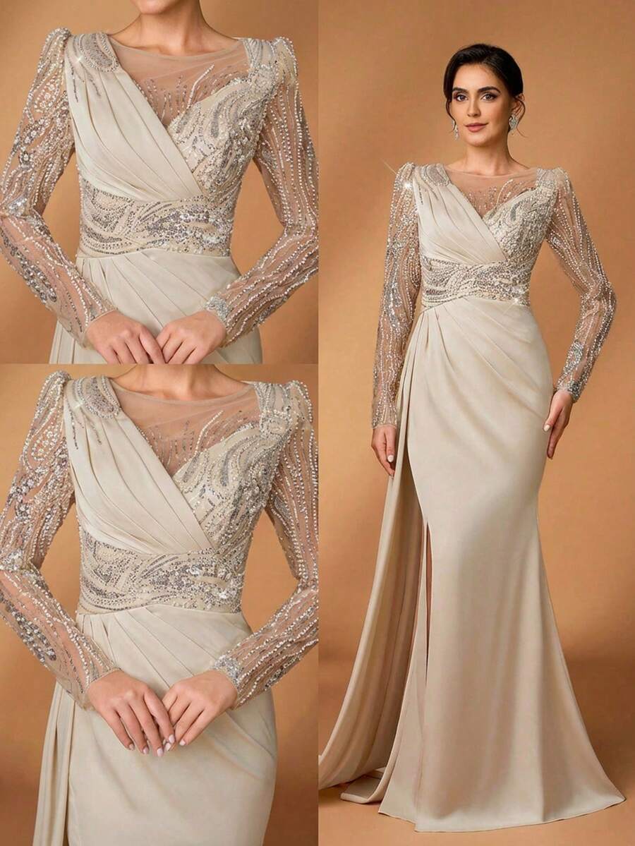 Serin Váy đuôi cá tay dài thanh lịch, đính cườm và sequin, họa tiết hoa, xẻ tà bên hông, phù hợp làm váy dạ hội cho mẹ cô dâu - Rượu sâm banh - Xem 1