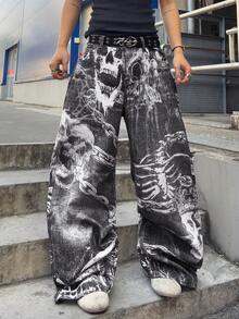 ROMWE MEN Anime Spring Casual Graphic Men'S Printed Loose Fit Jeans, Vintage Street Style Spring/Summer - Black and White - View 5
