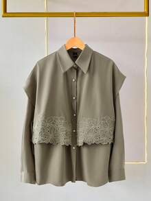 Modelyn 女士优雅通勤花卉刺绣二合一衬衫 - 綠色 - 查看 1