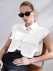 Aveloria Affinna 女士纯色短款衬衫，带翻盖口袋，女士休闲纽扣口袋无袖领常规版型短款白色蝙蝠袖衬衫，女式衬衫，春夏，休闲日常穿着