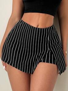 SHEIN SXY Women's Side Slit Hem Striped Elegant Business Casual Pants Skirt - Black and White - View 7