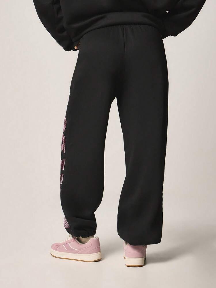 Missguided x Playboy Pantalones de chándal holgados con puños, panel lateral con estampado de letras de diamantes, cintura con cordón, pantalones de felpa cómodos para el ocio y el invierno