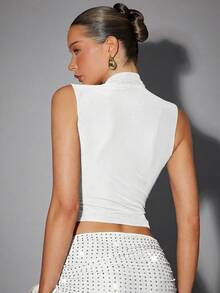 Hauture 性感夏日派对酒红色高领镶钻双层网纱背心 - 白色 - 查看 2