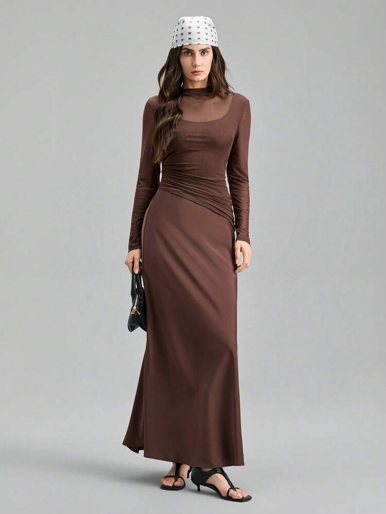2026SS Women's Brown Satin-Faced Twill Fabric Comfortable Smooth Off-Shoulder Loose Batwing Sleeve Design Waist Fitted Long Sleeve Urban Commute Office Business Casual Blouse, Formal Basic Top For Party, Summer, Valentine's Day, Elegant All-Season Versatile Modern Urban Fashion Business Casual Women's Wear Office Attire Understated Old-Money Style, Elegant And Sophisticated, High-Quality Commuter And Airport Women's Wear Bohemian Style Vacation Outfits Seaside Women's Clothing, Country Music Con
