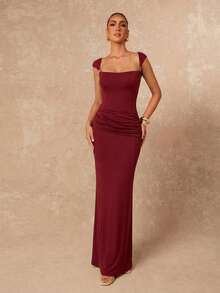 Lumalex 早春女士优雅酒红色方领开衩收腰褶皱无袖修身连衣裙,饰有金属装饰纽扣,适合春夏度假、生日、婚礼、情人节礼物指南、浪漫情人节穿搭、宾客婚礼、情人节礼物指南、浪漫情人节穿搭、派对、夏季假日、海滩装扮,尽显奢华风范,低调奢华,适合舞会、聚会、宴会、低调奢华、老钱派对、锐舞节、层次丰富的派对。 - 酒紅色 - 查看 7