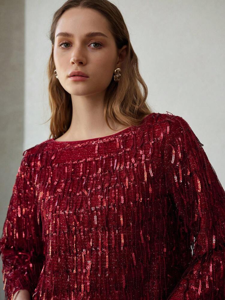 SEQUIN TASSEL FLARE SLEEVE PARTY TOP