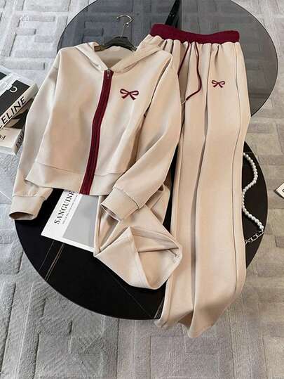 Resyla Women's Casual Commuter Motorcycle Graphic Color Block Zip-Up Hoodie Jacket And Wide Leg Pants Set, Spring/Autumn