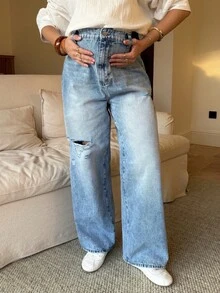 SHEIN 孕妇高腰休闲做旧浅蓝色时尚宽松百搭牛仔裤，适合春季、圣诞节、新年、感恩节、通勤、度假、毕业典礼等场合，展现Y2K风格，可爱街头风，适合派对、婚礼、优雅商务休闲等各种场合。 - 藍色 - 查看 5