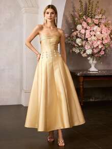 MOTF PREMIUM FORM-FITTING STRAPLESS MAXI PARTY GOWN, STIFF LUSTROUS FABRIC, CHEST RUCHING & WAIST FAUX PEARL EMBELLISHMENT BACK LACE-UP DESIGN DRESS, IDEAL FOR WEDDINGS, GALAS & FORMAL EVENINGS, STYLE WITH STRAPPY HEELS & DAINTY JEWELRY - Yellow - View 6
