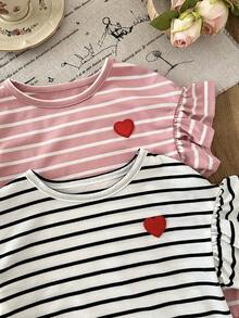 2pcs/Set Baby Girl Cute Knitted Striped Heart Pattern Short Sleeve Dress, Spring/Summer - Multicolor - View 5