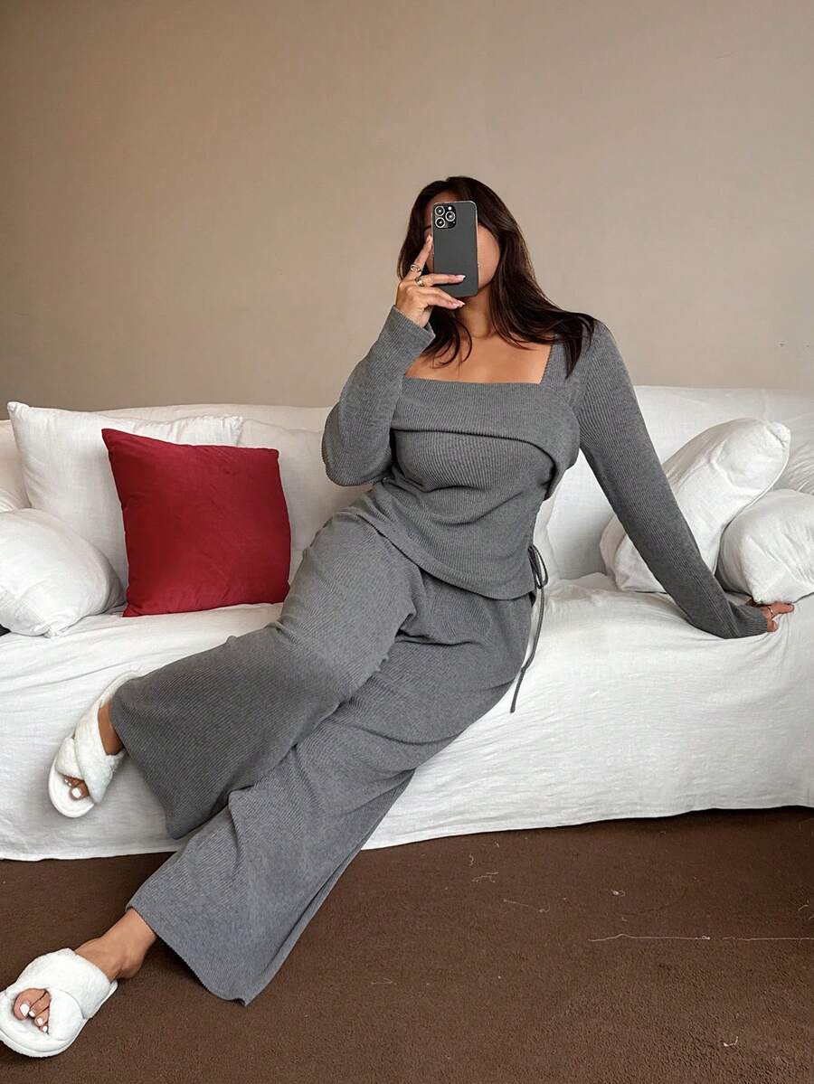 Napfluff CURVE Women's Gray Oblique Shoulder Pleated Comfortable Casual 2 Pieces Pajama Set - Grey - View 1