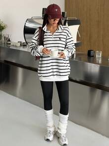 SHEIN EZwear Striped Knit Women's Loose Fit Casual Sweatshirt With Embroidered Knight Design - Black and White - View 2