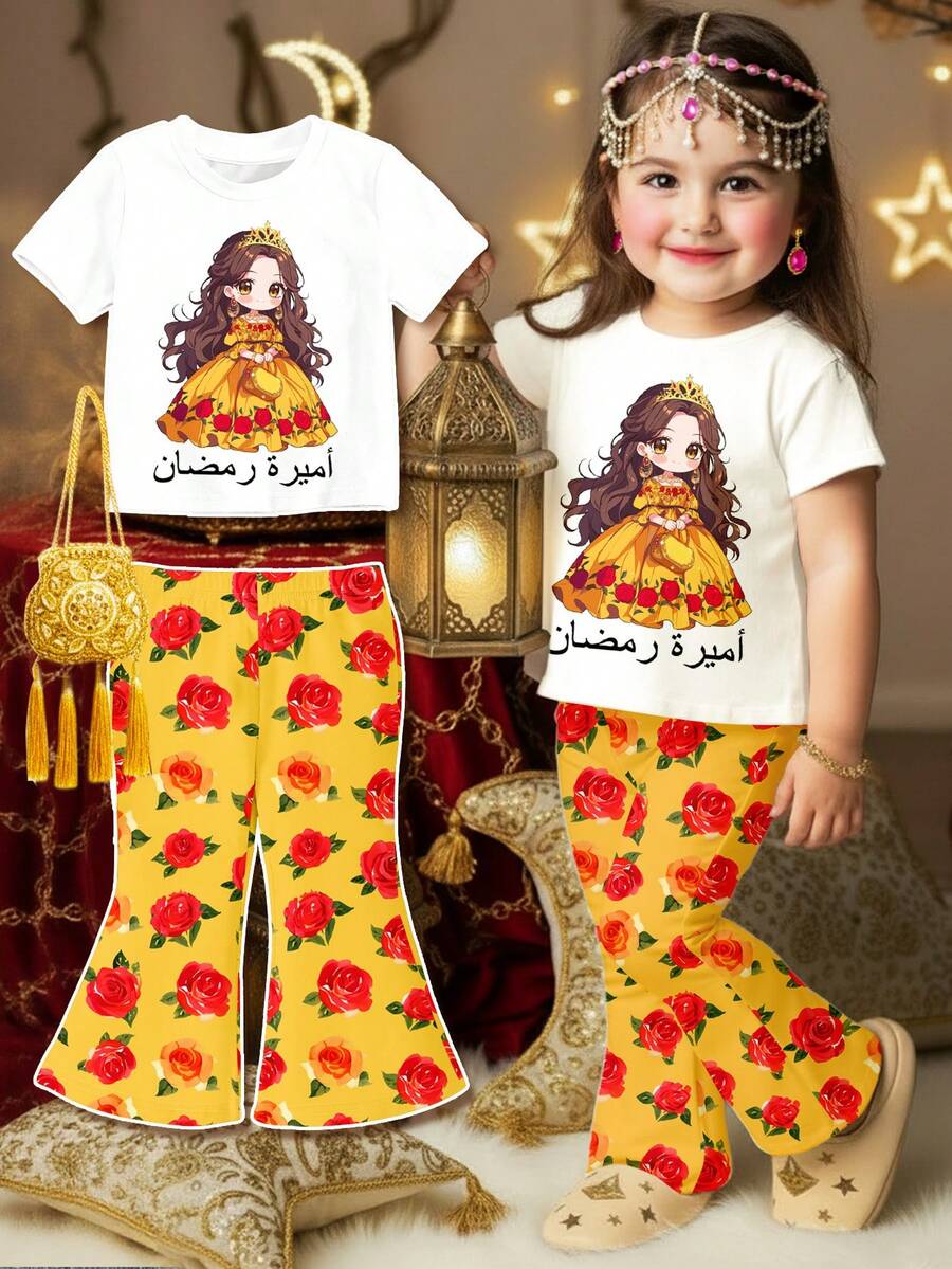SHEIN White,Summer,Cute,Family Matching Baby Girl Cartoon Princess Print T-Shirt & Rose Flare Pants Set,Short Sleeve Round Neck Top,Casual Outfits,Abaya - Multicolor - View 1