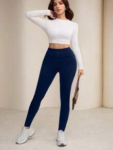 Modelyn 女士纯色修身高弹休闲舒适打底裤 - 藏蓝色 - 查看 5