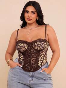 SHEIN BAE 大码女式豹纹蕾丝拼接吊带背心 - 咖啡棕 - 查看 3