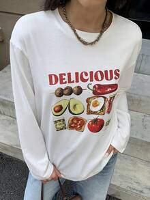 Solavon Damen Lässig Bedrucktes Rundhals Langarm T-Shirt - Weiss - Übersicht 2