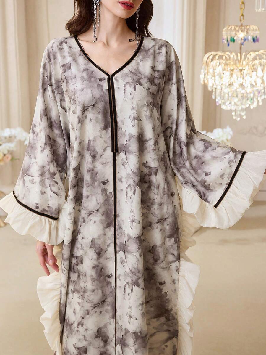 Yasmyna Modest Ruffle Hem Printed Arabic Style Dress For Women - Multicolor - View 1