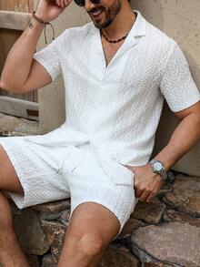 Genlund Men's Summer Casual Vacation Solid Color Textured Fabric Short Sleeve Shirt And Drawstring Waist Shorts Set - White - View 4